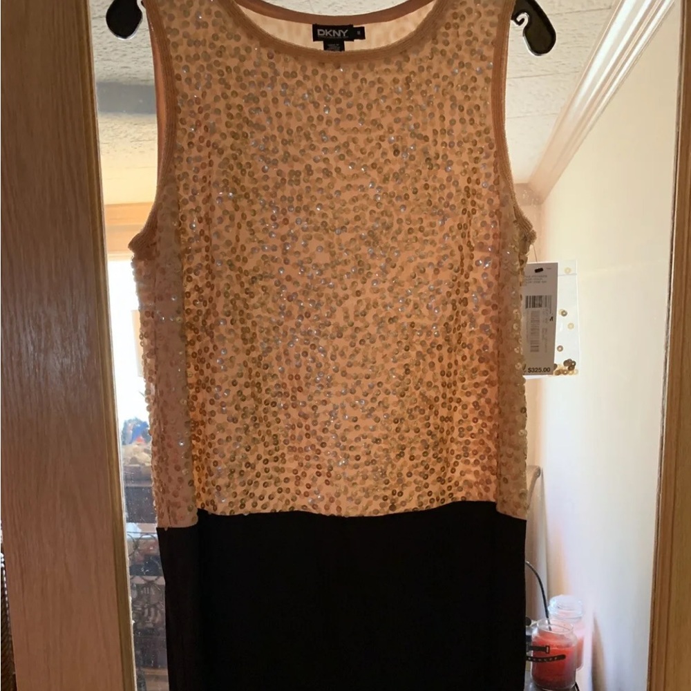 DKNY Peach And Black Sequined Dress (M)